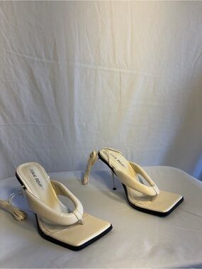 Public Desire Cream Padded Square-Toe Thong Heels
